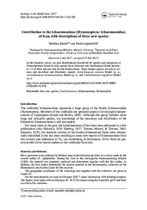 (PDF) Contribution to the Ichneumoninae (Hymenoptera: Ichneumonidae) of ...