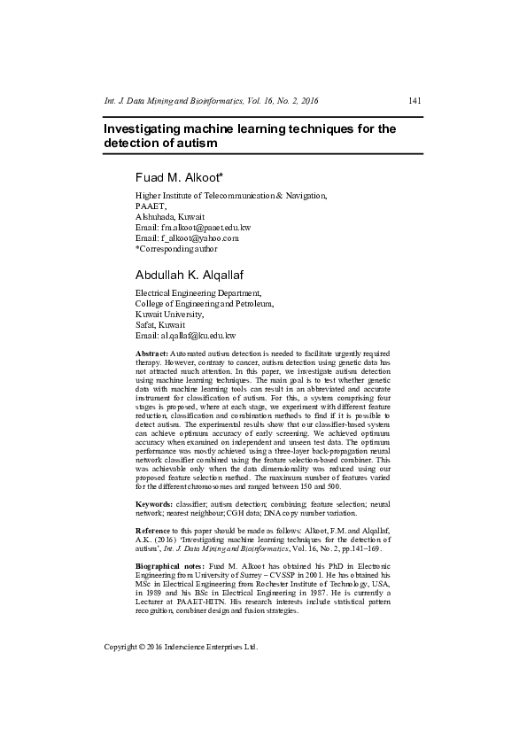 (PDF) Investigating machine learning techniques for the detection of autism