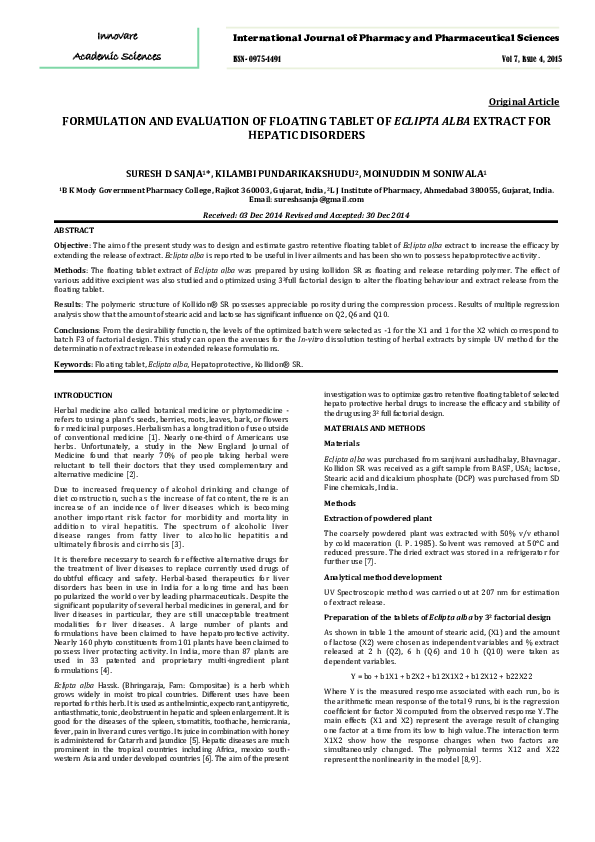 (PDF) FORMULATION AND EVALUATION OF FLOATING TABLET OF ECLIPTA ALBA ...