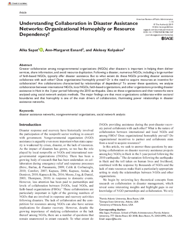 (PDF) Understanding Collaboration in Disaster Assistance Networks ...