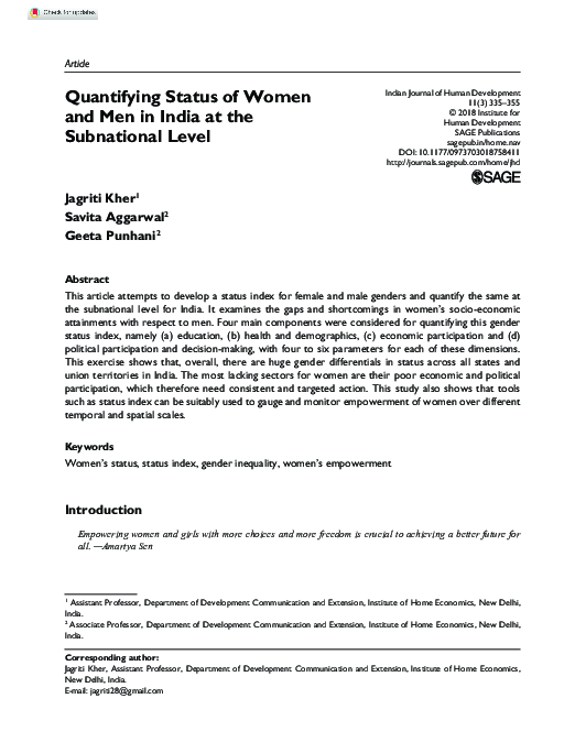 (PDF) Quantifying Status of Women and Men in India at the Subnational Level