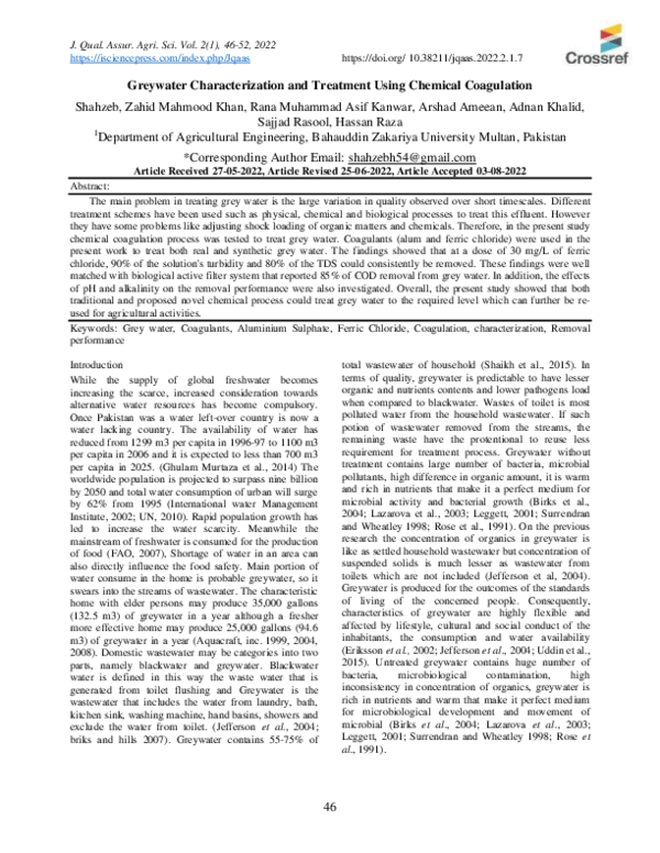 (PDF) Greywater Characterization and Treatment Using Chemical Coagulation