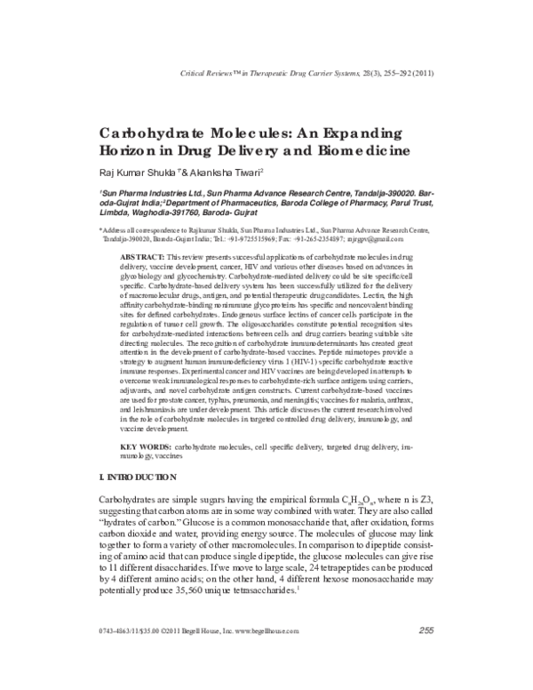 (PDF) Carbohydrate Molecules: An Expanding Horizon in Drug Delivery and ...