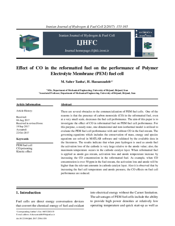 (PDF) Effect of CO in the reformatted fuel on the performance of ...