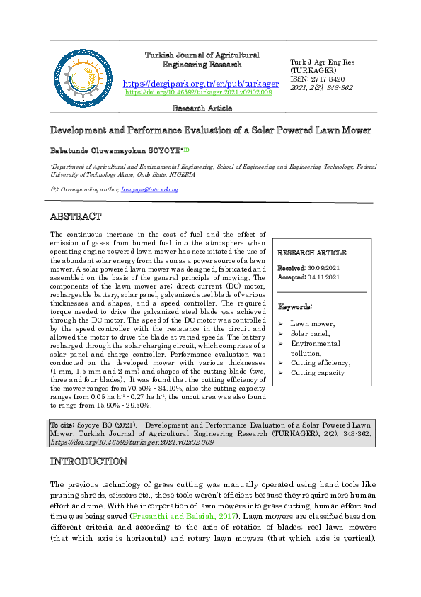 (PDF) Development and Performance Evaluation of a Solar Powered Lawn Mower