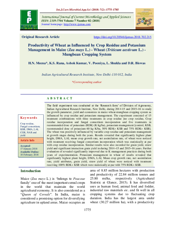 (PDF) Productivity of Wheat as Influenced by Crop Residue and Potassium ...