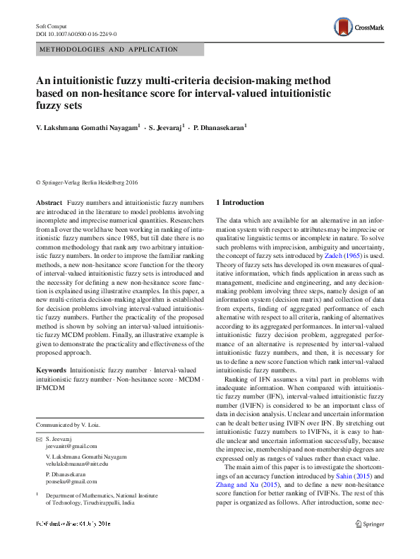 (PDF) An Intuitionistic Fuzzy Multi-Criteria Decision Making Model for ...