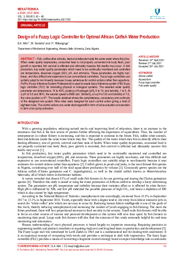 (PDF) Design of a Fuzzy Logic Controller for Optimal African Catfish ...