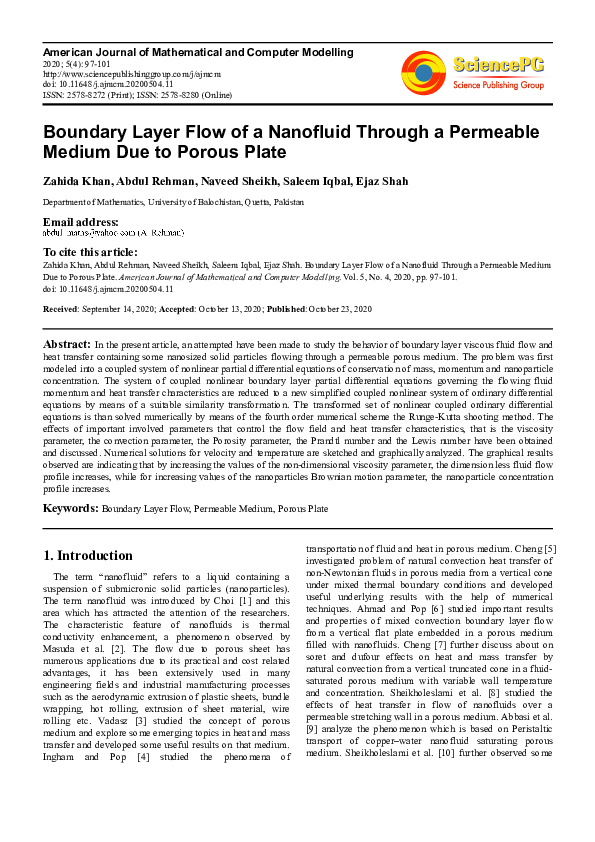 (PDF) Boundary Layer Flow of a Nanofluid Through a Permeable Medium Due ...