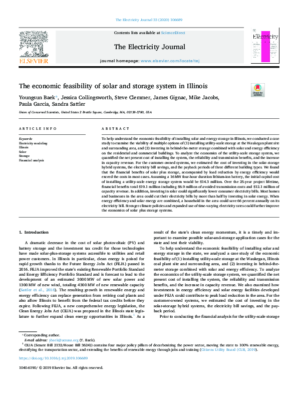 (PDF) The economic feasibility of solar and storage system in Illinois