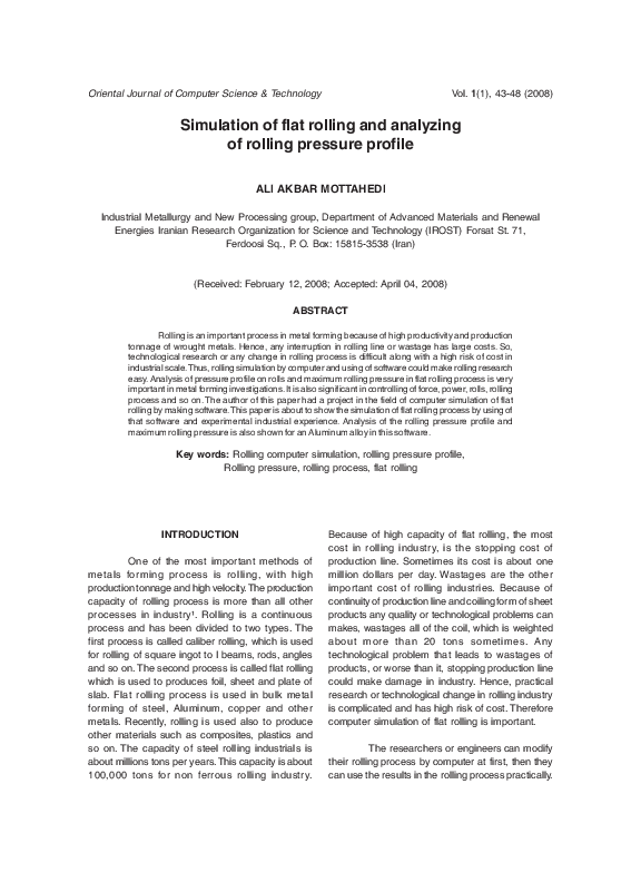 (PDF) Simulation of Flat Rolling and Analyzing of Rolling Pressure Profile
