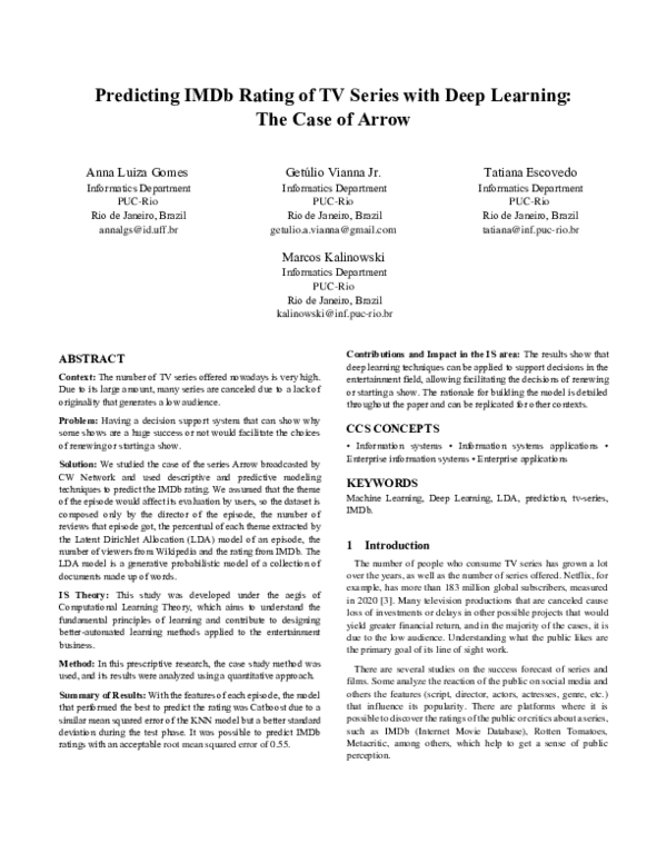 (PDF) Predicting IMDb Rating of TV Series with Deep Learning: The Case ...