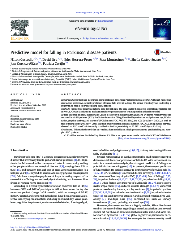 (PDF) Predictive model for falling in Parkinson disease patients