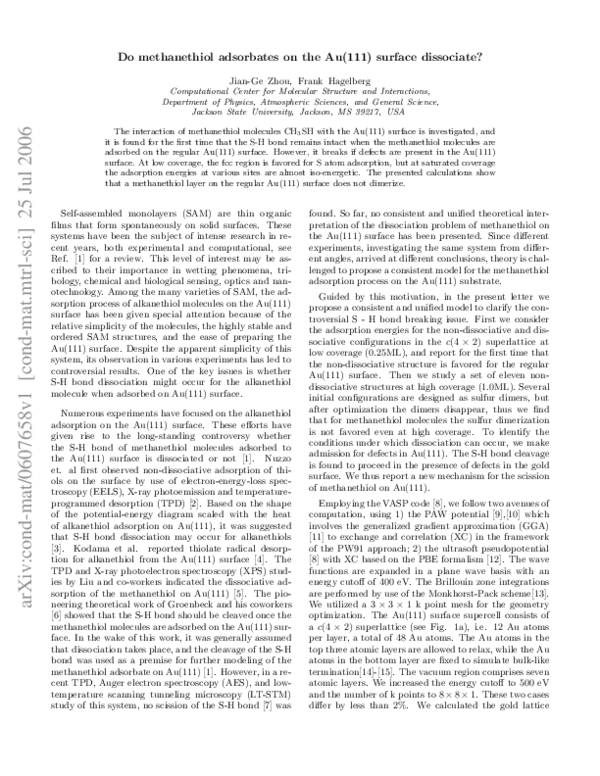 (PDF) Do Methanethiol Adsorbates on the Au(111) Surface Dissociate?
