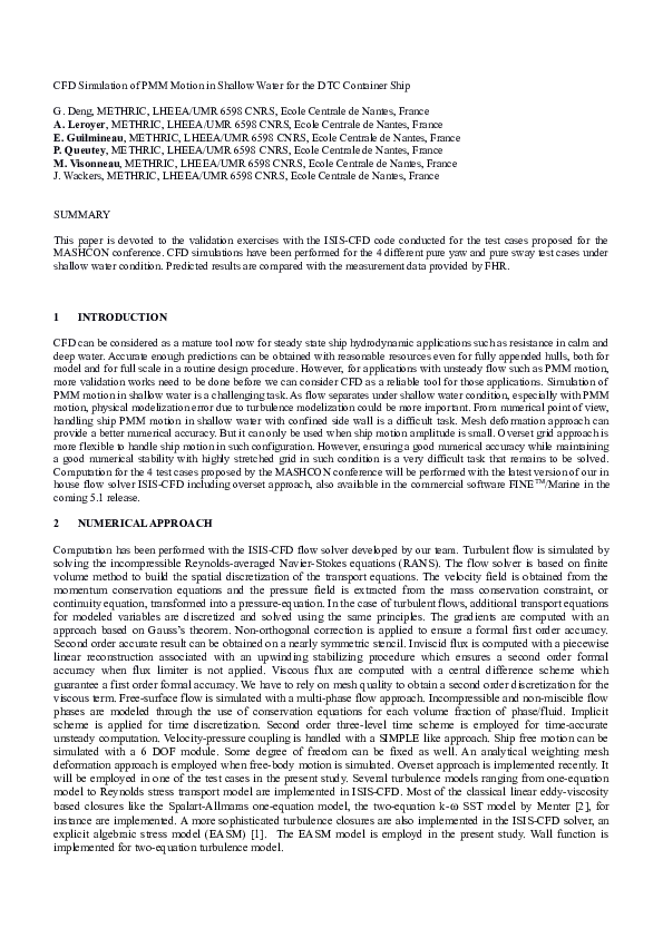 (PDF) CFD Simulation of PMM Motion in Shallow Water for the DTC ...