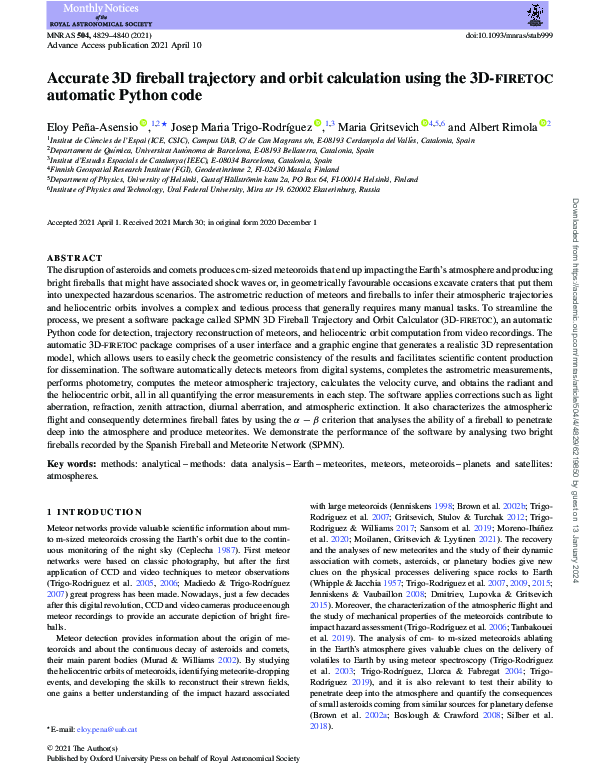 (PDF) Accurate 3D fireball trajectory and orbit calculation using the ...
