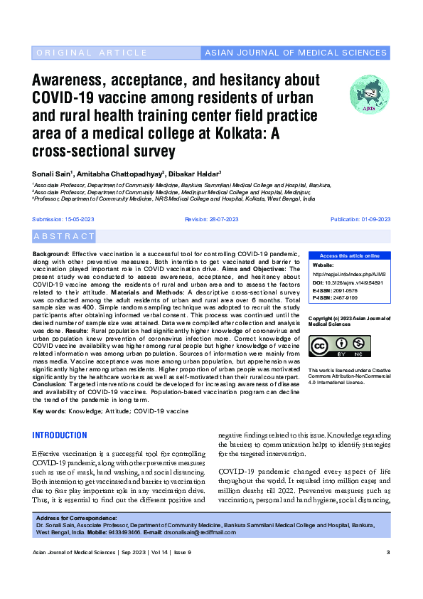 (PDF) Awareness, acceptance, and hesitancy about COVID-19 vaccine among ...