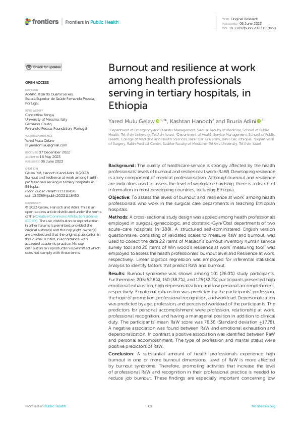(PDF) Burnout and resilience at work among health professionals serving ...