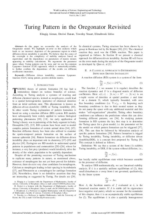 (PDF) Turing Pattern In The Oregonator Revisited