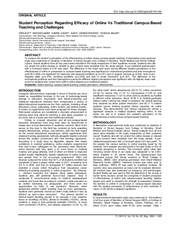 (PDF) Student Perception Regarding Efficacy of Online Vs Traditional ...