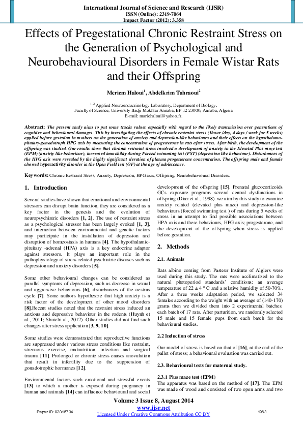 (PDF) Effects of Chronic Prenatal Restraint Stress on Anxiety in Post ...