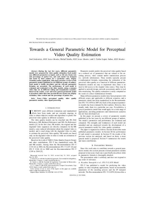 (PDF) Towards a General Parametric Model for Perceptual Video Quality ...