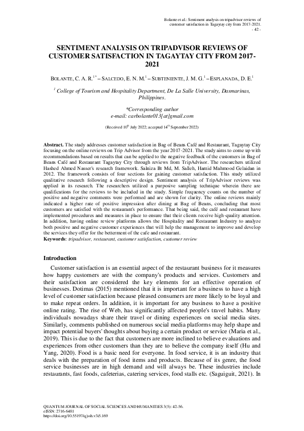 (PDF) Sentiment Analysis on Tripadvisor Reviews of Customer ...