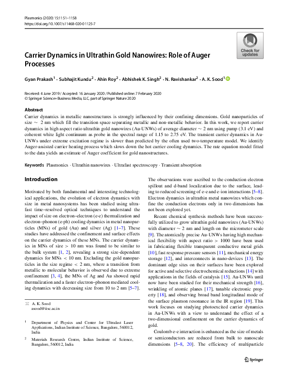 (PDF) Carrier Dynamics in Ultrathin Gold Nanowires: Role of Auger Processes