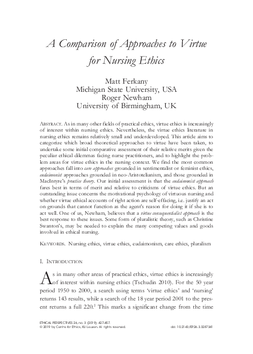 (PDF) A comparison of approaches to virtue for nursing ethics