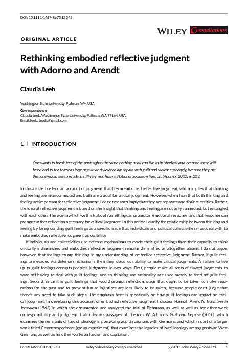 (PDF) Rethinking embodied reflective judgment with Adorno and Arendt