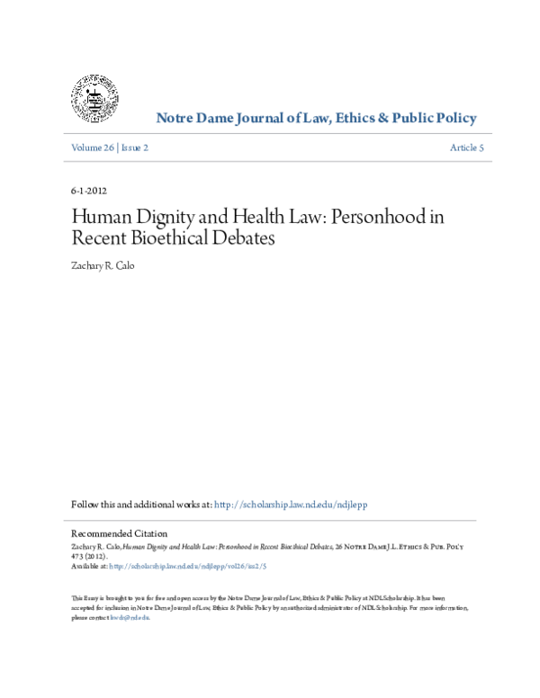 (PDF) Human Dignity and Health Law: Personhood in Recent Bioethical Debates