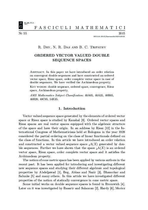 (PDF) Ordered Vector Valued Double Sequence Spaces