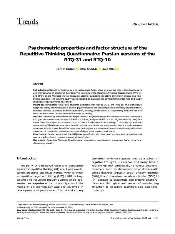 Psychometric properties and factor structure of the Repetitive Thinking Questionnaire: Persian versions of the RTQ-31 and RTQ-10