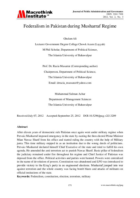 (PDF) Federalism in Pakistan During Musharraf Regime