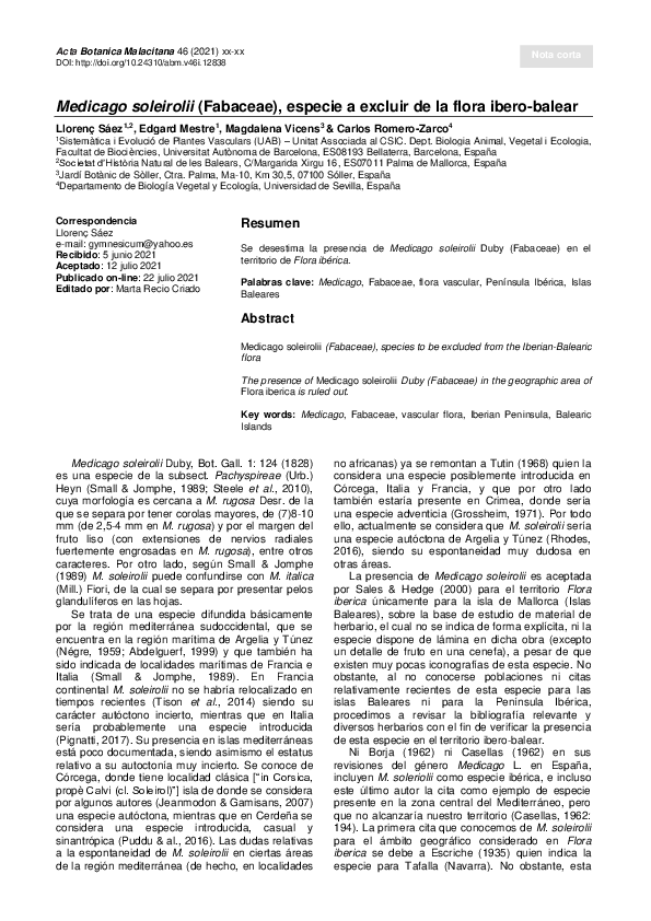 (PDF) Medicago soleirolii (Fabaceae), especie a excluir de la flora ...