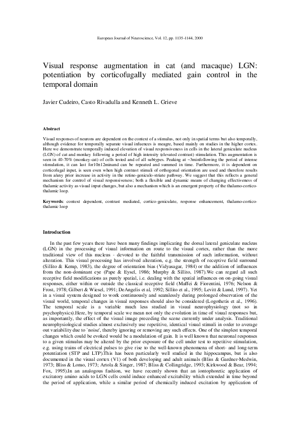 (PDF) Visual response augmentation in cat (and macaque) LGN ...