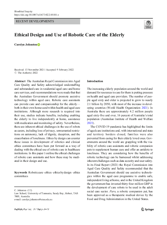 (PDF) Ethical Design and Use of Robotic Care of the Elderly