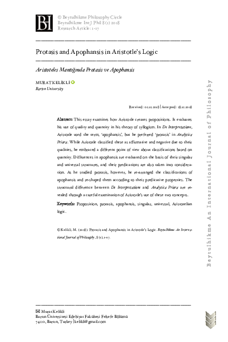 (PDF) Protasis and Apophansis in Aristotle’s Logic