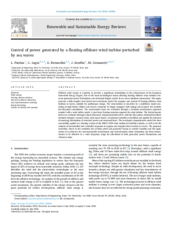 (PDF) Control of power generated by a floating offshore wind turbine ...