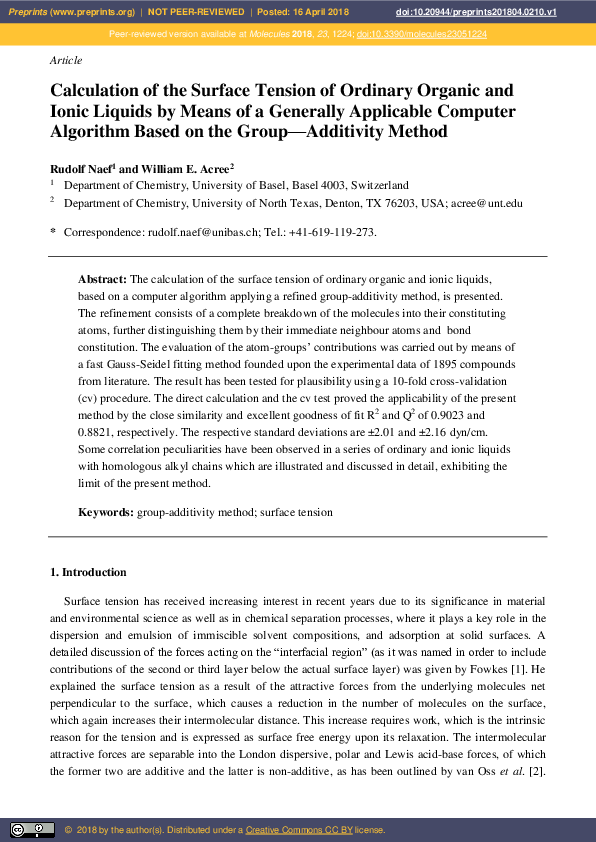 (PDF) Calculation of the Surface Tension of Ordinary Organic and Ionic ...