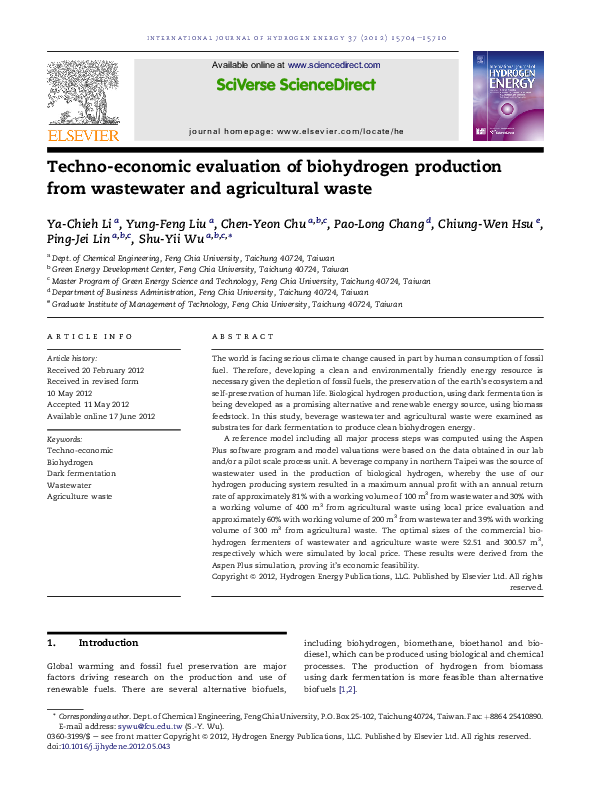 (PDF) Techno-economic evaluation of biohydrogen production from ...