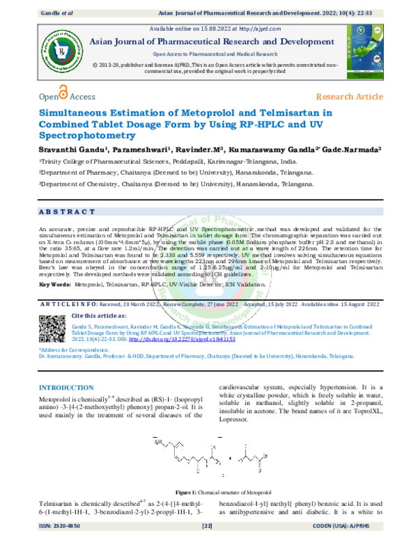 (PDF) Simultaneous Estimation of Metoprolol and Telmisartan in Combined ...