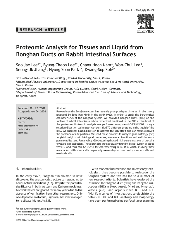 (PDF) Proteomic Analysis for Tissues and Liquid from Bonghan Ducts on ...