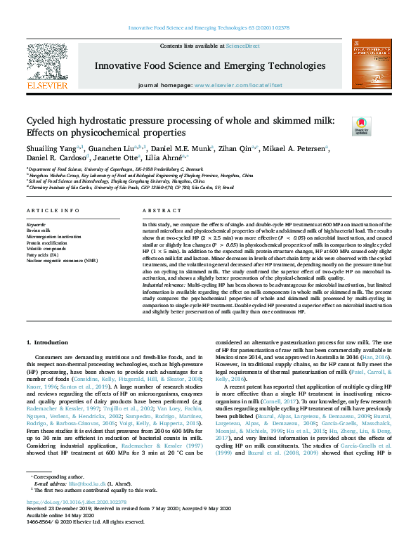 (PDF) Cycled high hydrostatic pressure processing of whole and skimmed ...