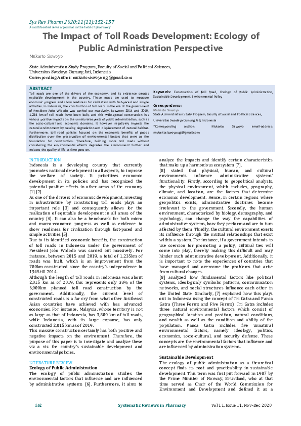 (PDF) The Impact of Toll Roads Development: Ecology of Public ...