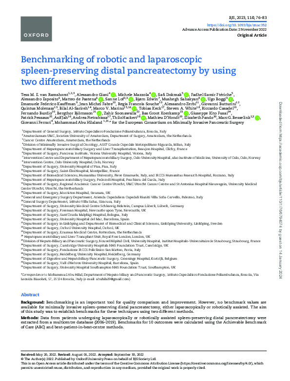(PDF) Benchmarking of robotic and laparoscopic spleen-preserving distal ...