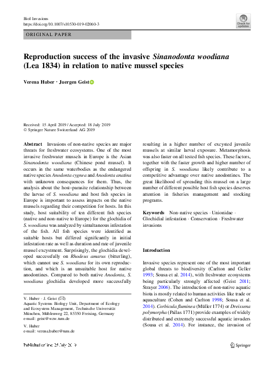 (PDF) Reproduction success of the invasive Sinanodonta woodiana (Lea ...