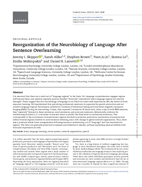 (PDF) Reorganization of the Neurobiology of Language After Sentence ...