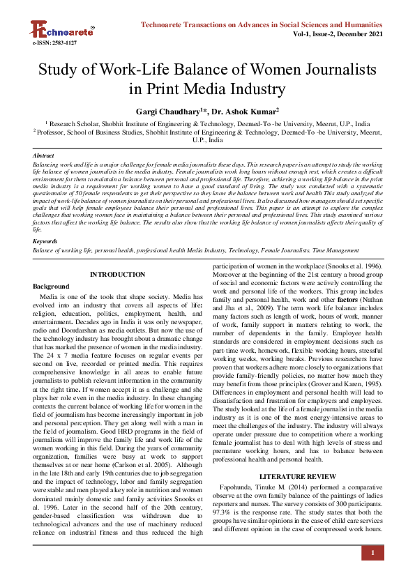 (PDF) Study of Work-Life Balance of Women Journalists in Print Media ...