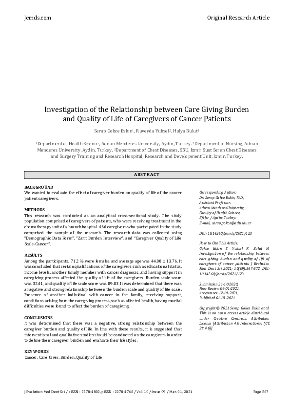 (PDF) Investigation of the Relationship between Care Giving Burden and ...